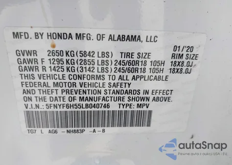 2020 Honda Pilot Awd Ex-L из США, поврежденный, VIN 5FNYF6H55LB040746